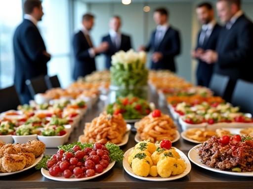 会議室のテーブルに並べられたケータリング料理