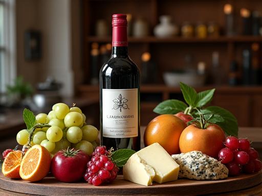 ワインボトルとチーズ、果物